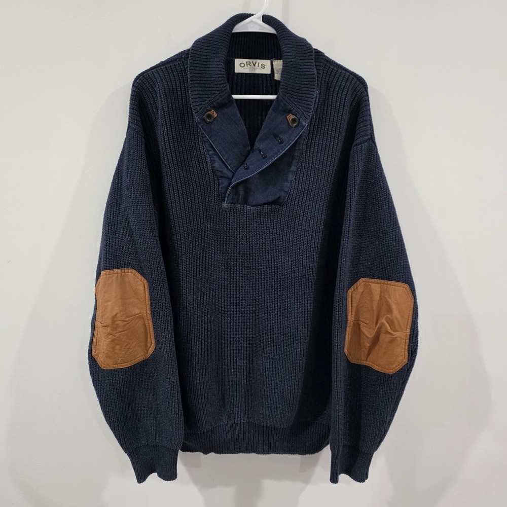 Orvis Navy and Brown V-Neck Sweater with Elbow Patches